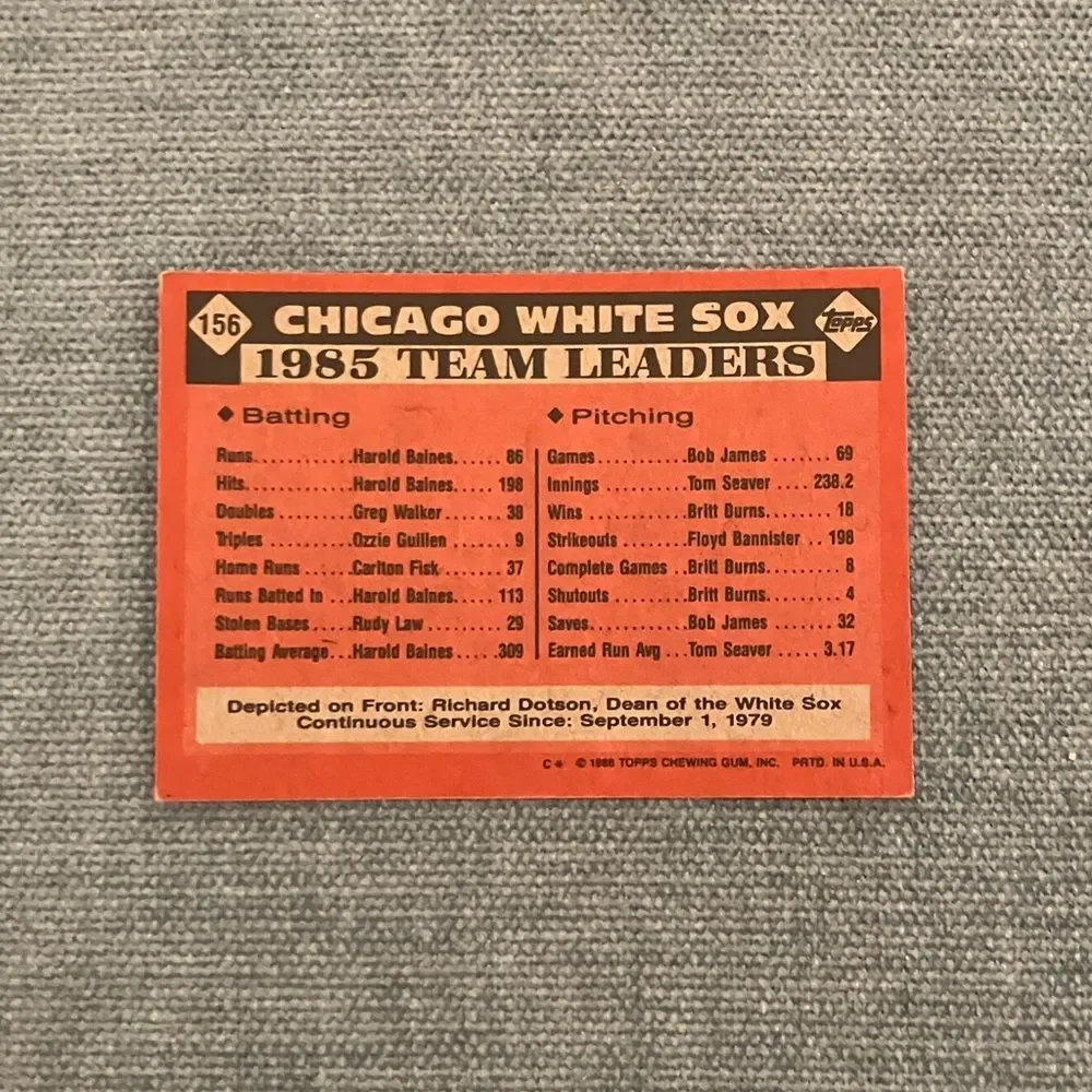 1986 Topps Chicago White Sox Baseball Card Trading Card